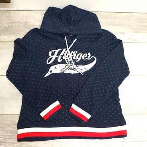 Tommy Hilfiger Hoodie Sweatshirt Red White Stripe Small Y2K Spelled Out Logo Vtg